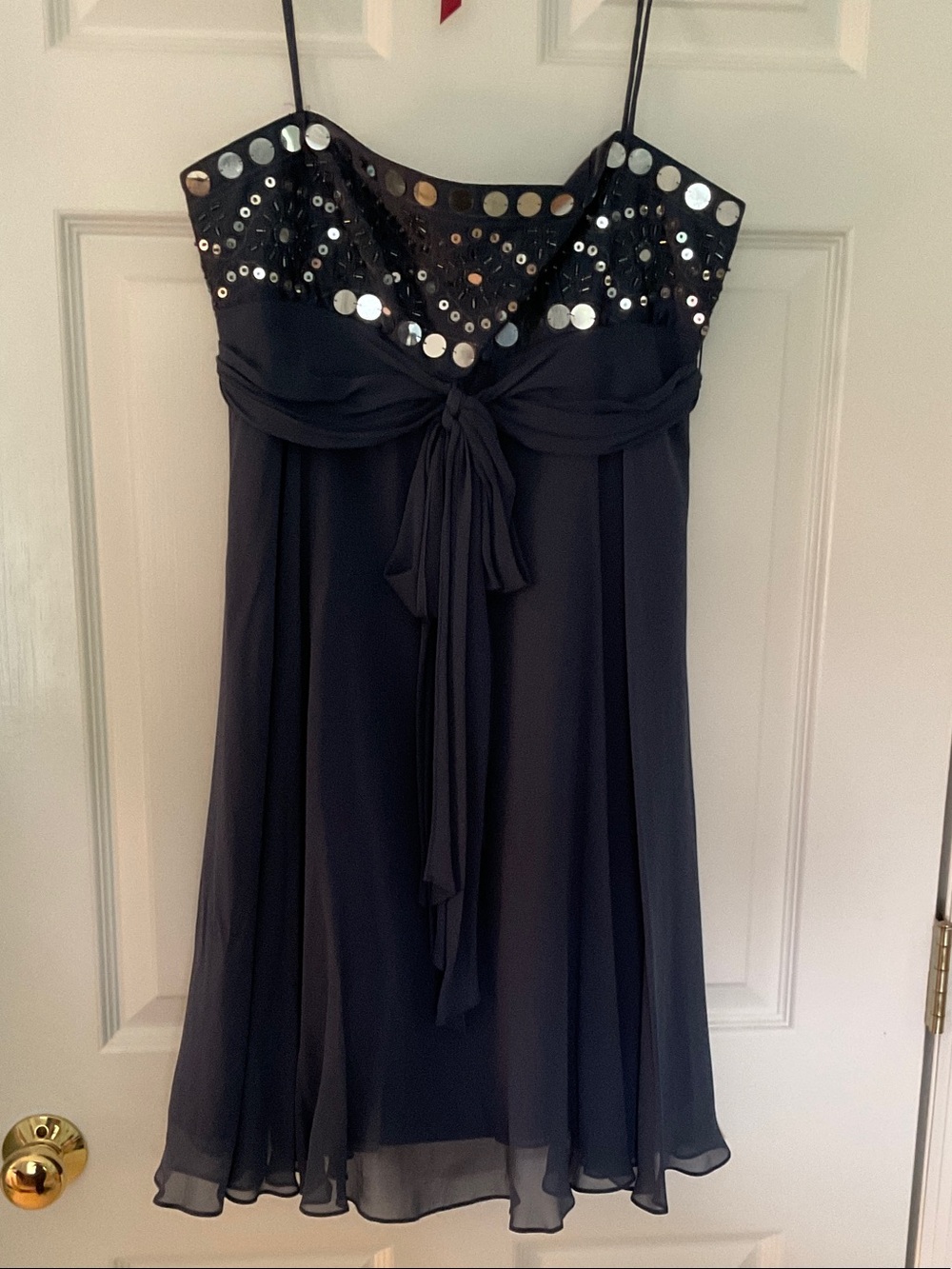 BCBGMaxAzria Navy Strapless Chiffon Dress with Sequin Trim